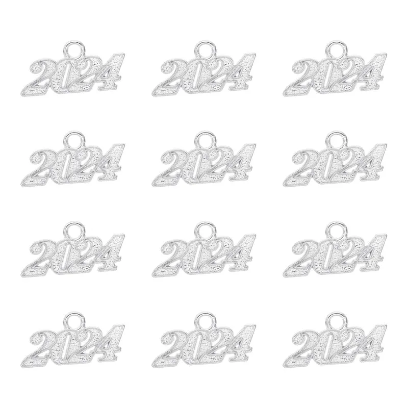 2024 Graduation Tassel Charm, 50 Pcs Alloy 2024 Year Small Letter Charm, Silver