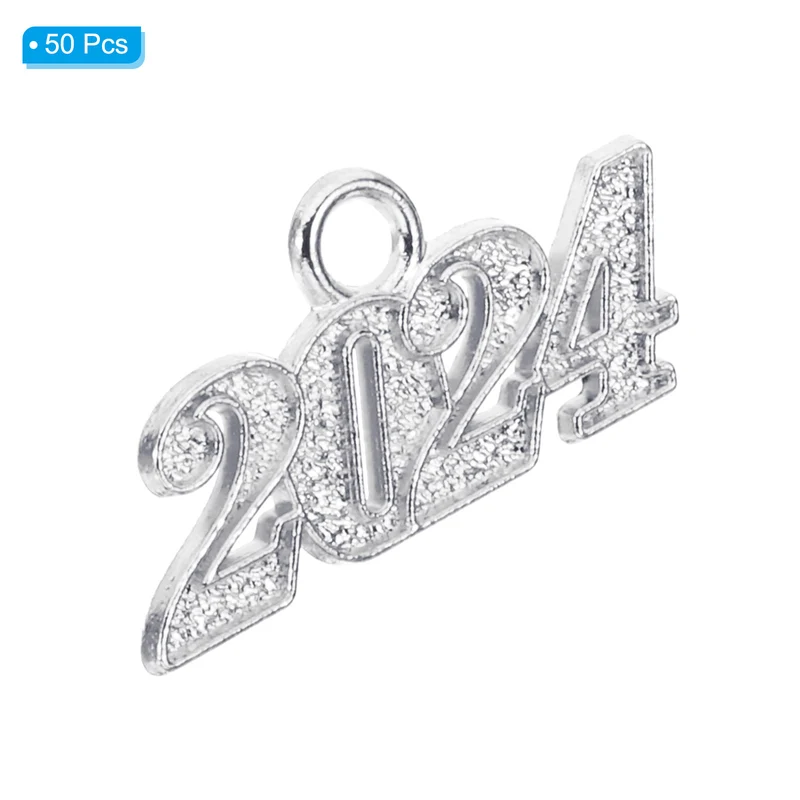 2024 Graduation Tassel Charm, 50 Pcs Alloy 2024 Year Small Letter Charm, Silver