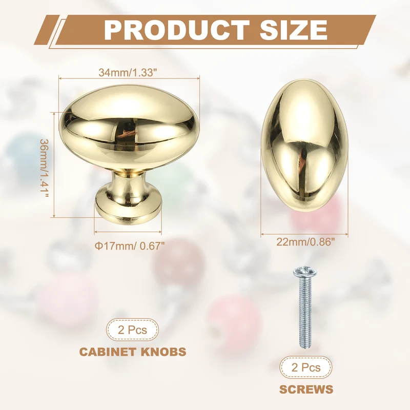 2Pcs Cabinet Knobs 1.3 Inch Oval Dresser Knobs Cabinet Handles Gold