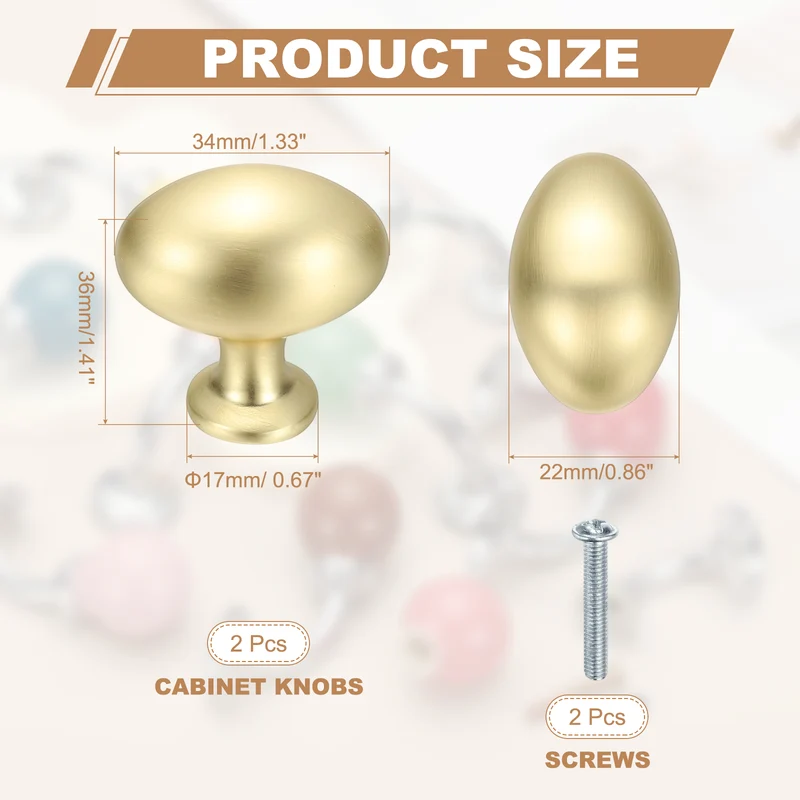 2Pcs Cabinet Knobs 1.3 Inch Oval Dresser Knobs Cabinet Handles Bright Gold