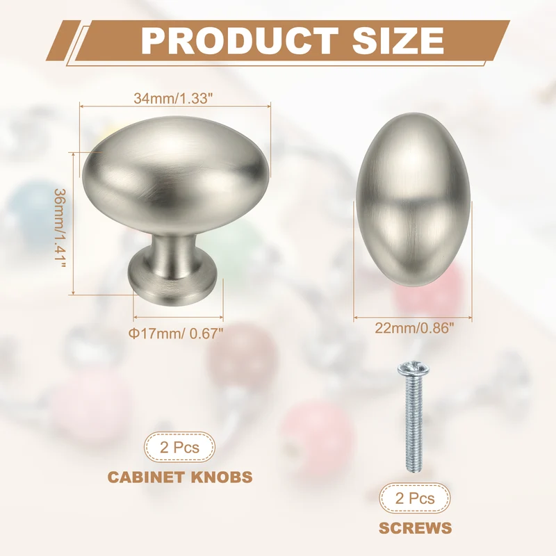 2Pcs Cabinet Knobs 1.3 Inch Oval Dresser Knobs Cabinet Handles Brushed Silver