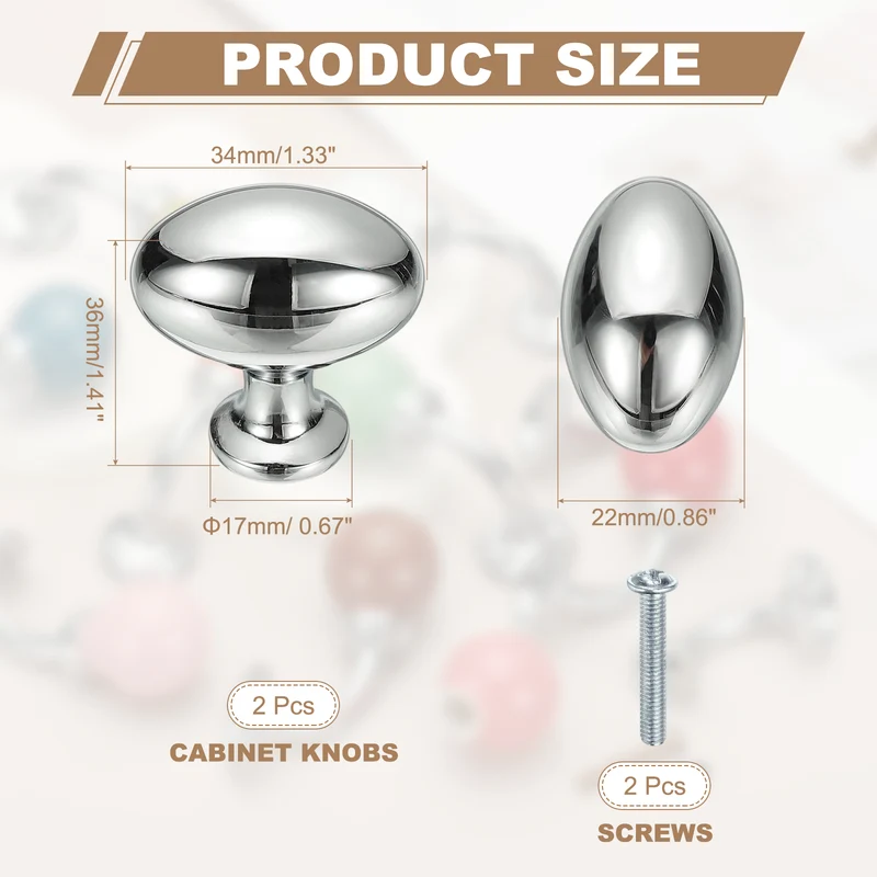 2Pcs Cabinet Knobs 1.3 Inch Oval Dresser Knobs Cabinet Handles Bright Silver