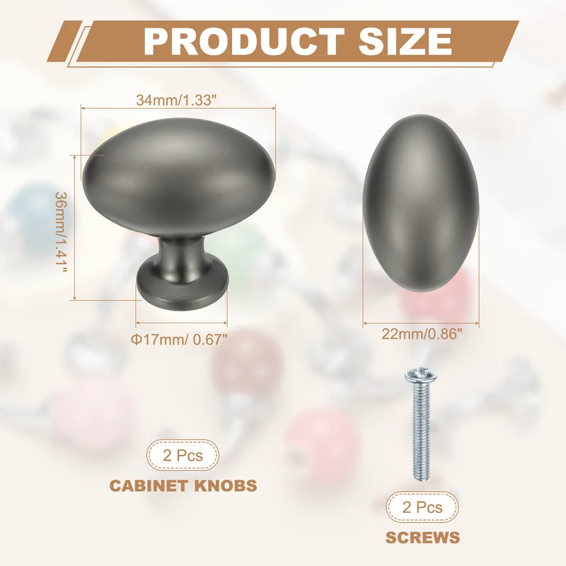 2Pcs Cabinet Knobs 1.3 Inch Oval Dresser Knobs Cabinet Handles Grey