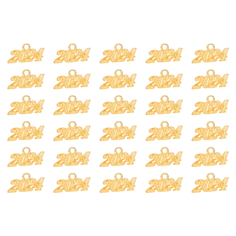 2024 Graduation Tassel Charm, 30 Pcs Alloy 2024 Year Small Letter Charm, Gold