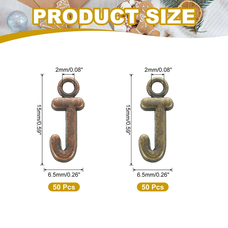0.3" Letter Charm A-Z for Jewelry Making - J (100 Pack, Dark Cyan/Red Bronze)