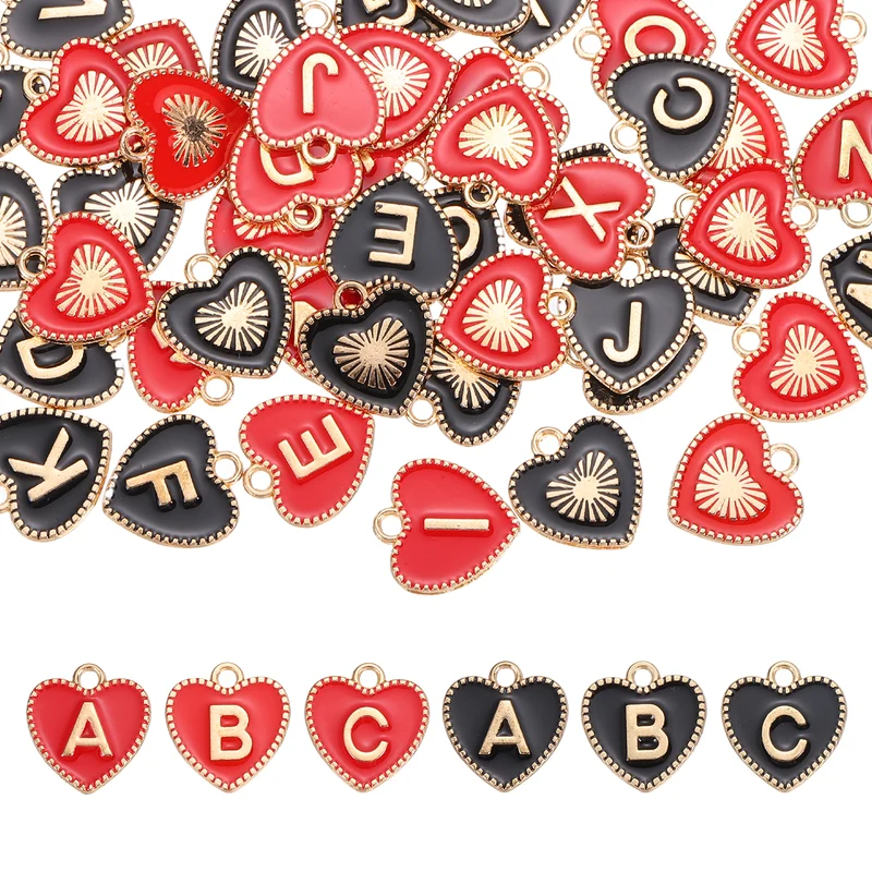 52 Pcs Letter Initial Charm A-Z Heart Letter Charm(Black, Red)