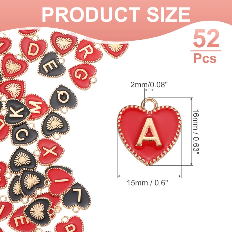 52 Pcs Letter Initial Charm A-Z Heart Letter Charm(Black, Red)