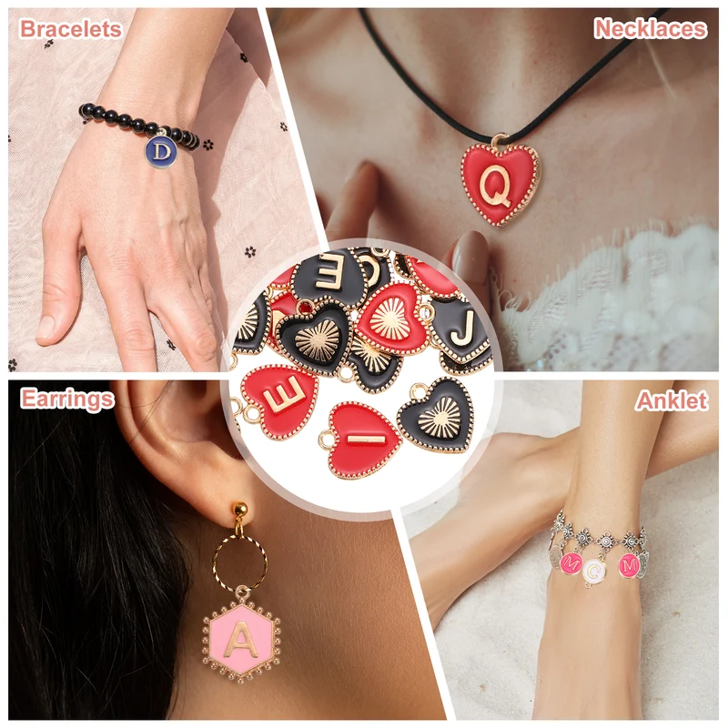 52 Pcs Letter Initial Charm A-Z Heart Letter Charm(Black, Red)