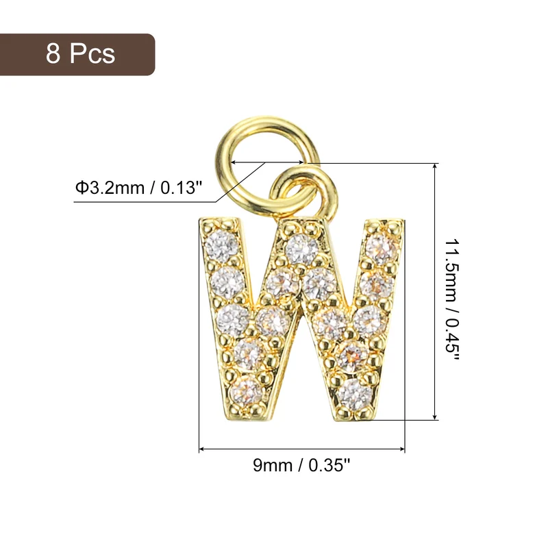 Rhinestone Letter Charm, 8pcs 3.2mm Copper W Letter Charm, Golden