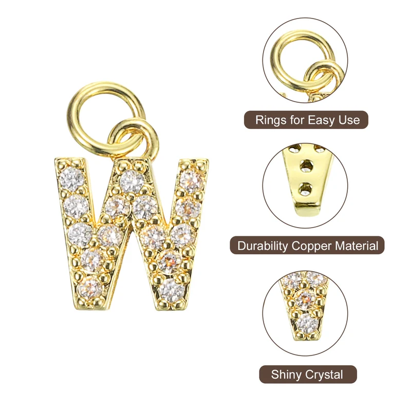 Rhinestone Letter Charm, 8pcs 3.2mm Copper W Letter Charm, Golden