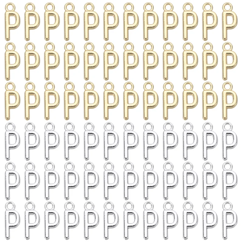 0.3" Letter Charm A-Z for Jewelry Making - P (100 Pack, Bright Silver/Dark Gold)