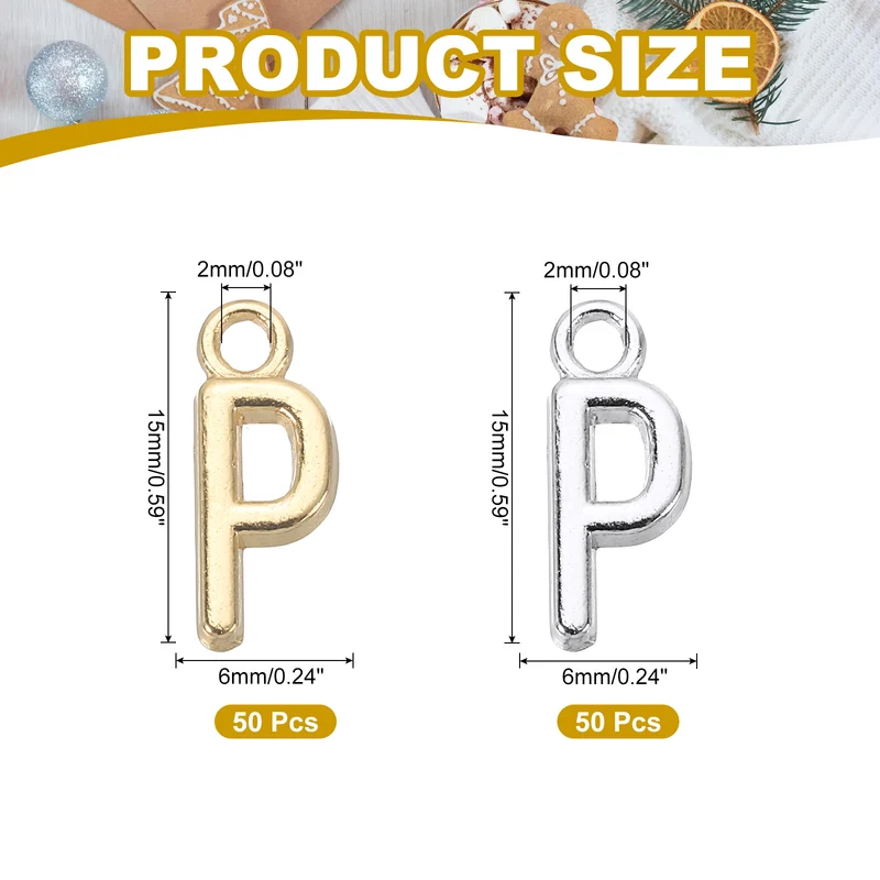 0.3" Letter Charm A-Z for Jewelry Making - P (100 Pack, Bright Silver/Dark Gold)