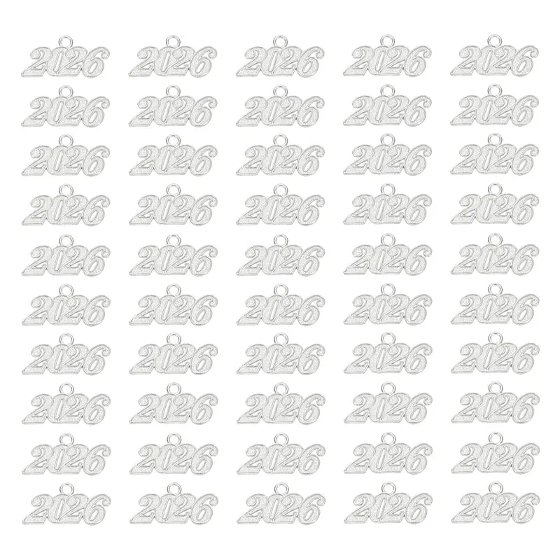 2026 Graduation Tassel Charm, 50 Pcs Alloy Year Medium Letter Charm, Silver