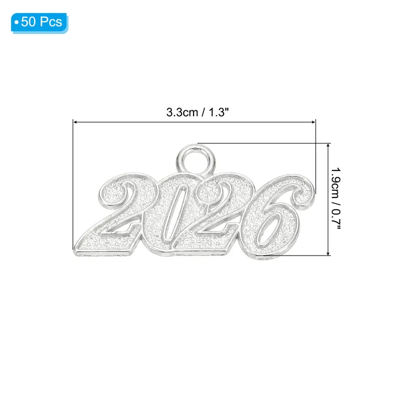 2026 Graduation Tassel Charm, 50 Pcs Alloy Year Medium Letter Charm, Silver