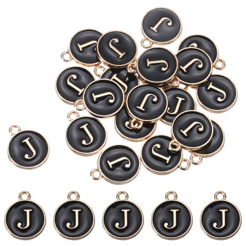 Alphabet j Letter Charm Double Sided Enamel Initial Alphabet Pendant Black 20pcs