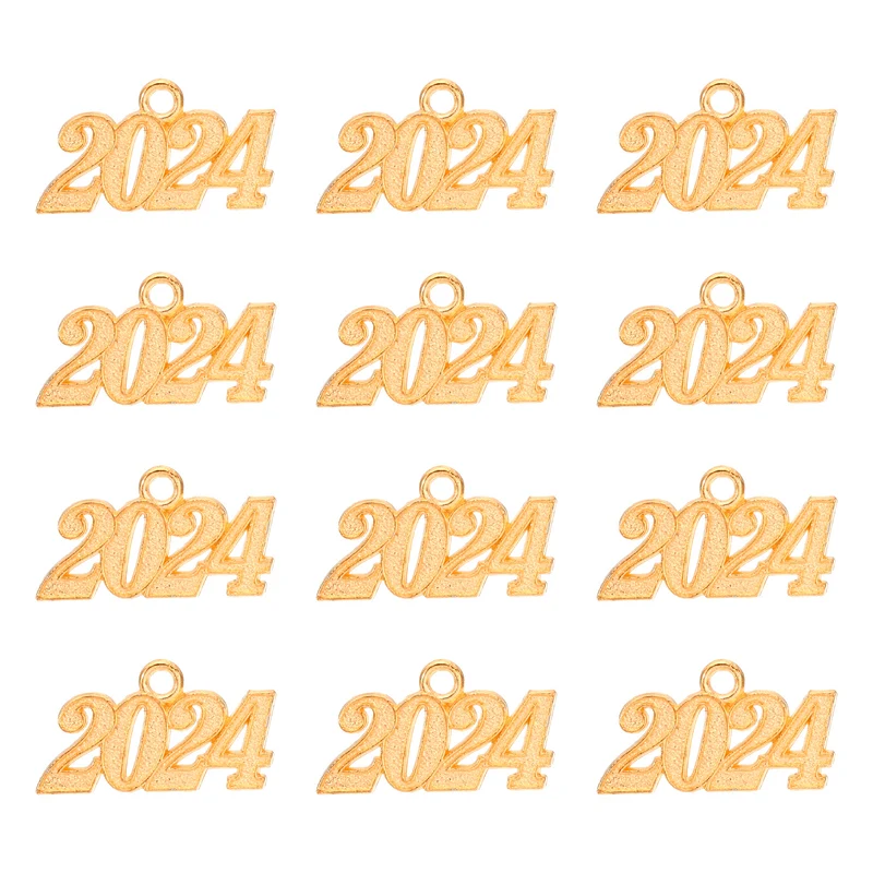 2024 Graduation Tassel Charm, 12 Pcs Alloy 2024 Year Medium Letter Charm, Gold