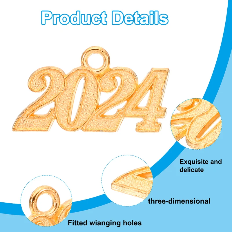 2024 Graduation Tassel Charm, 12 Pcs Alloy 2024 Year Medium Letter Charm, Gold