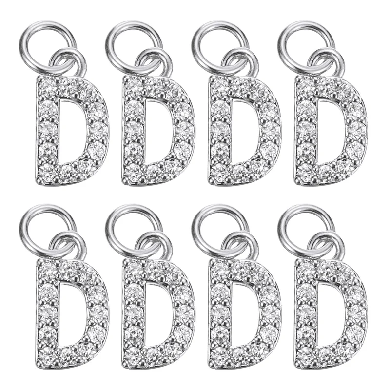 Rhinestone Letter Charm, 8pcs 3.2mm Copper D Letter Charm, White Gold