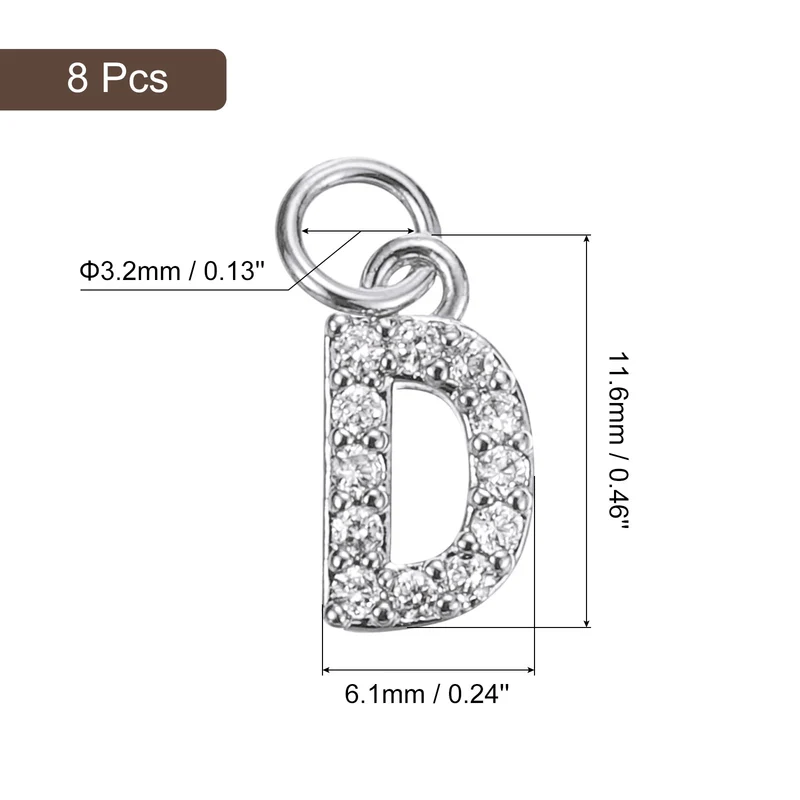 Rhinestone Letter Charm, 8pcs 3.2mm Copper D Letter Charm, White Gold