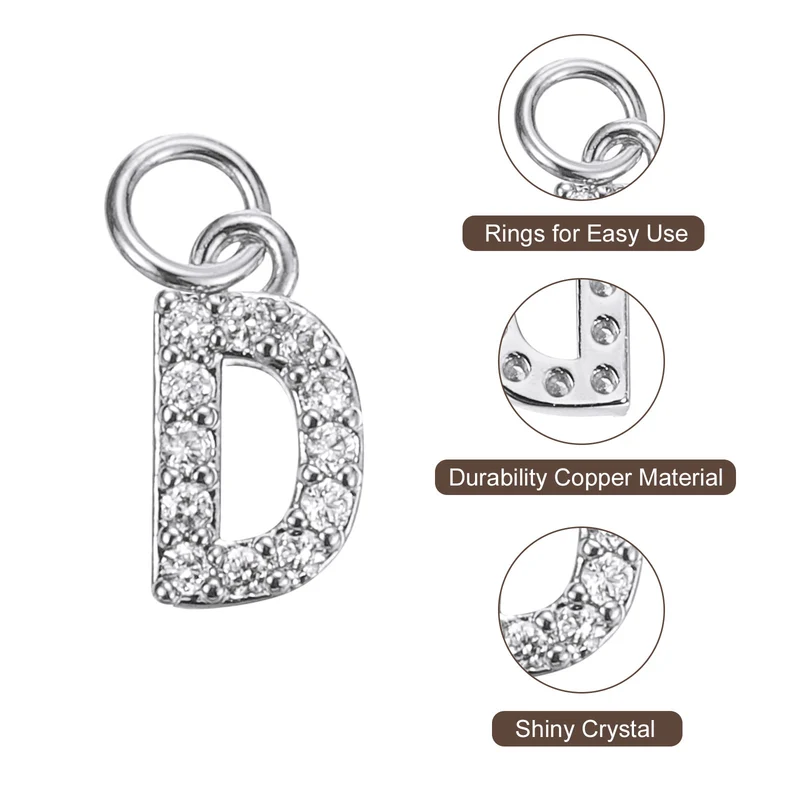 Rhinestone Letter Charm, 8pcs 3.2mm Copper D Letter Charm, White Gold