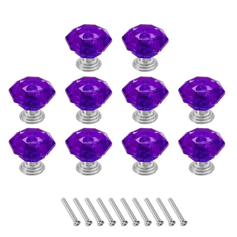 10 Pcs Crystal Drawer Knobs 24 mm Dresser Knobs for Cupboard Purple/Silver