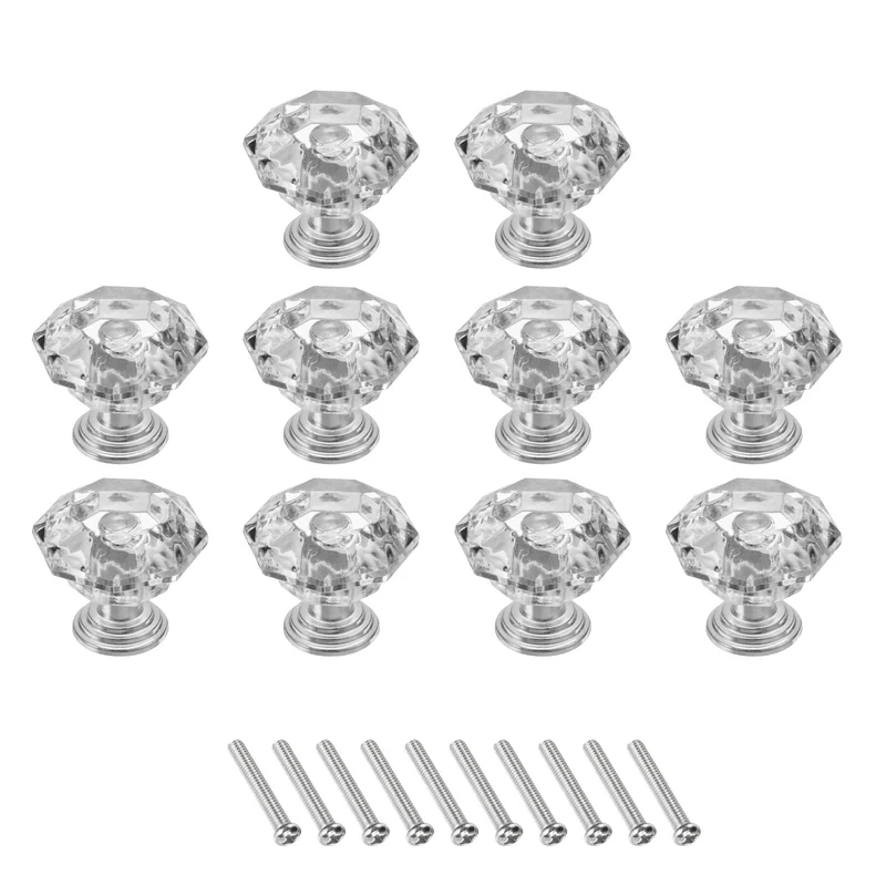 10Pcs Crystal Drawer Knobs 24 mm Dresser Knobs for Cupboard Clear Silver