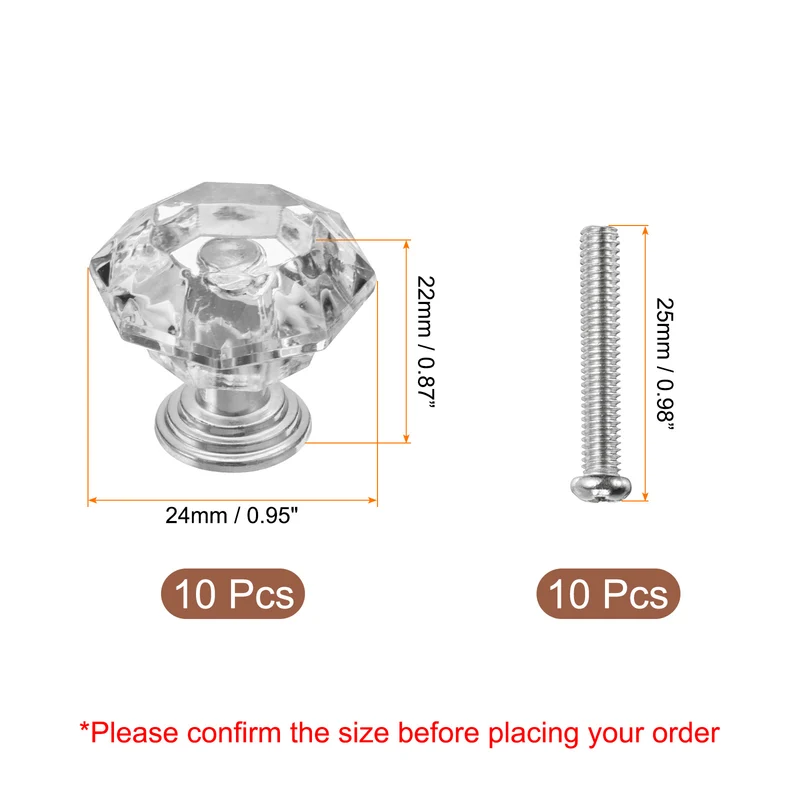 10Pcs Crystal Drawer Knobs 24 mm Dresser Knobs for Cupboard Clear Silver