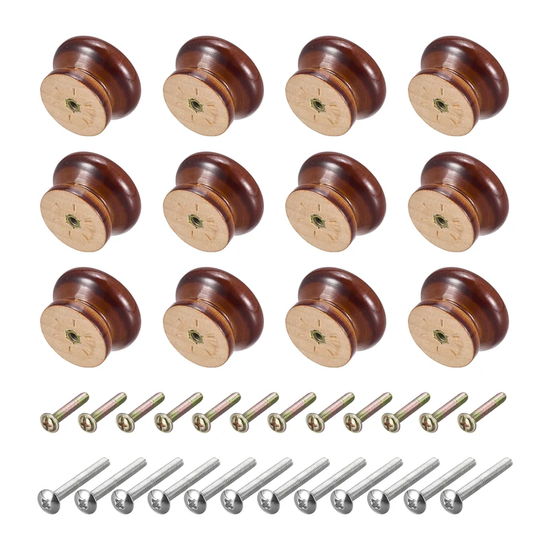 Round Wood Knobs, 12pcs 33mm(1.3") Diameter Pull Handles for Drawer, Dark Brown
