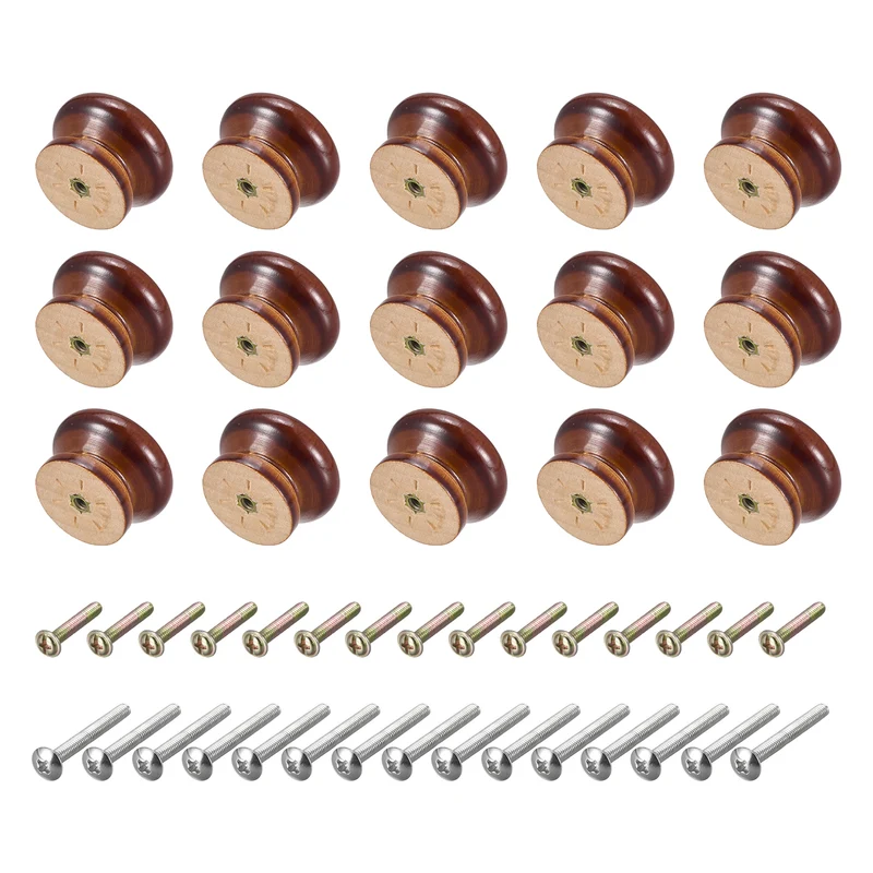 15pcs Round Wood Knobs 33mm(1.3") Diameter Pull Handles for Drawer Dark Brown