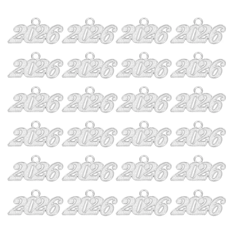 2026 Graduation Tassel Charm, 24 Pcs Alloy Year Medium Letter Charm, Silver