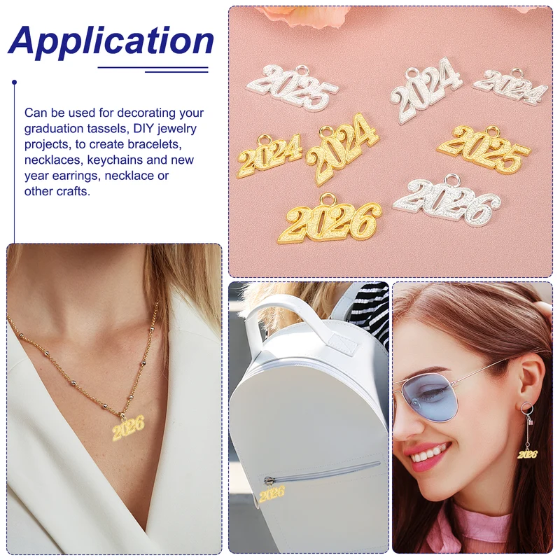 2026 Graduation Tassel Charm, 24 Pcs Alloy Year Medium Letter Charm, Silver