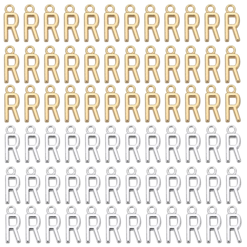 0.3" Letter Charm A-Z for Jewelry Making - R (100 Pack, Bright Silver/Dark Gold)