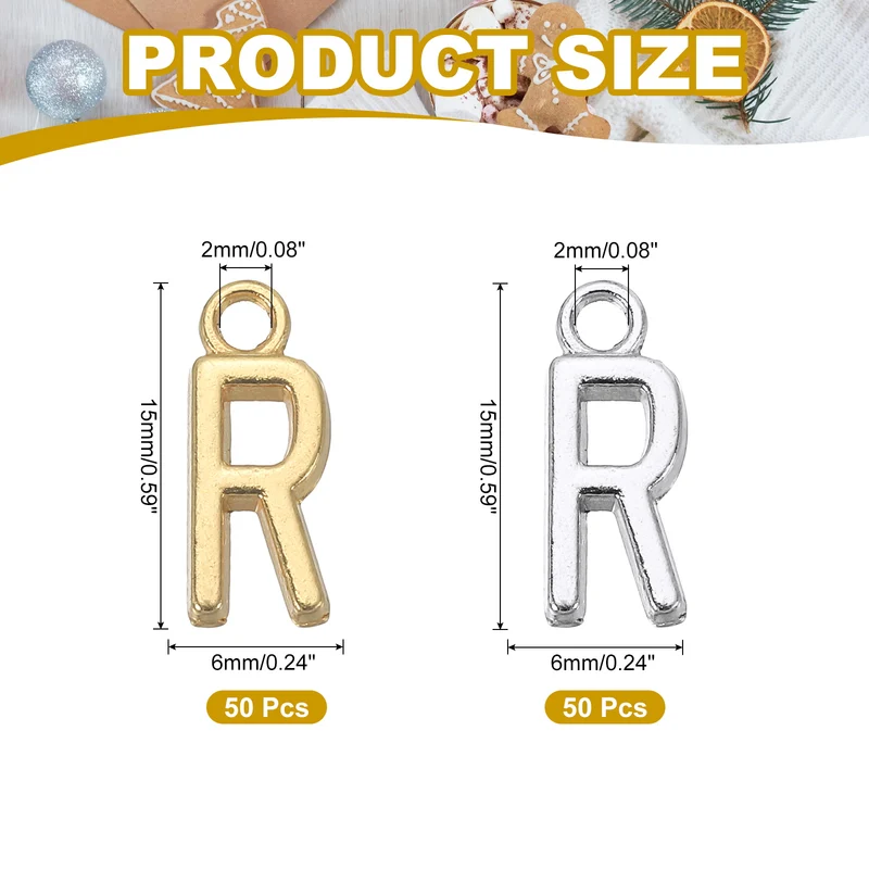 0.3" Letter Charm A-Z for Jewelry Making - R (100 Pack, Bright Silver/Dark Gold)