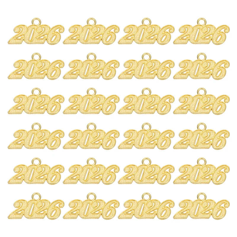 2026 Graduation Tassel Charm, 24 Pcs Alloy Year Medium Letter Charm, Gold