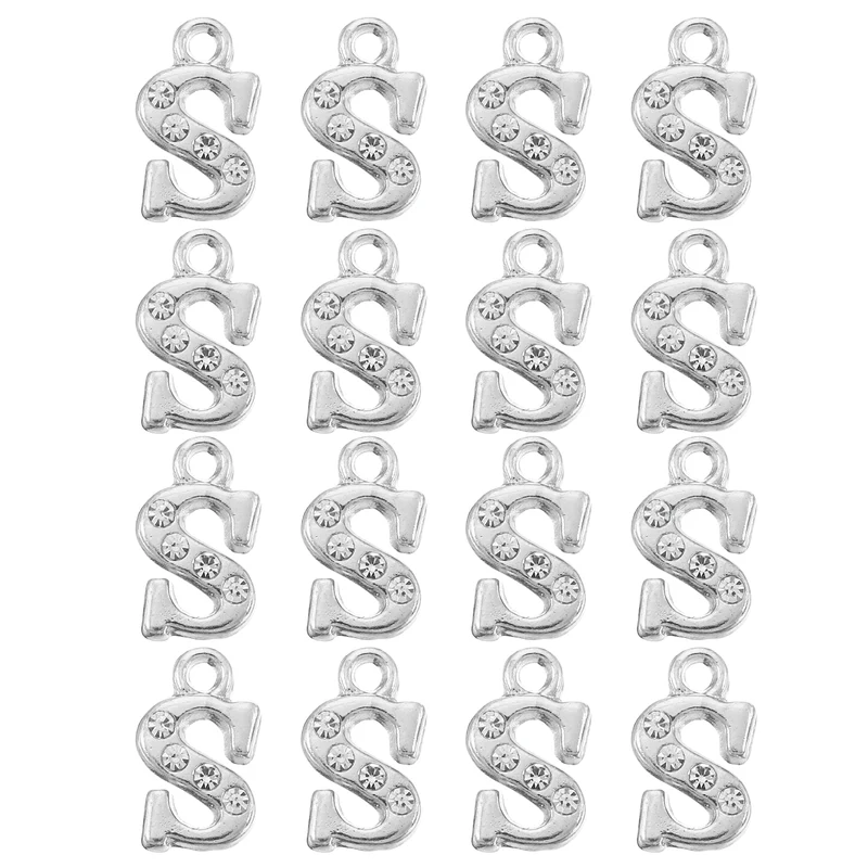 Rhinestone Letter Charm, 16pcs 1.5mm Metal S Letter Charm, Silver