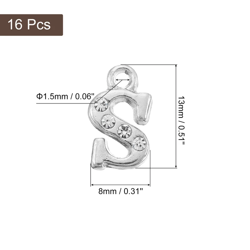 Rhinestone Letter Charm, 16pcs 1.5mm Metal S Letter Charm, Silver