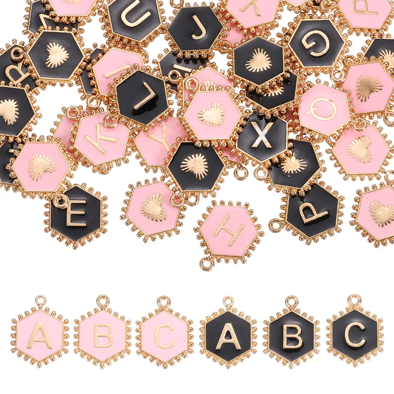 52 Pcs Letter Initial Charm A-Z Hexagon Letter Charm(Black, Pink)
