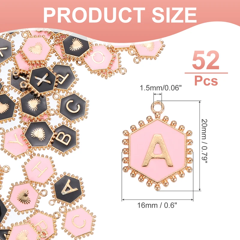 52 Pcs Letter Initial Charm A-Z Hexagon Letter Charm(Black, Pink)