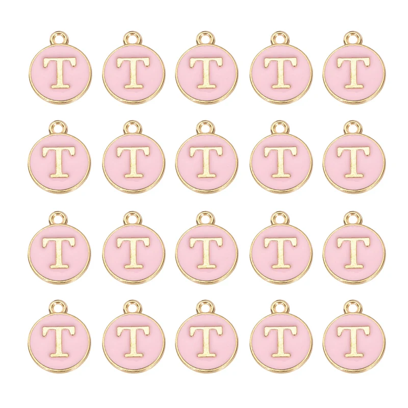36pcs Letter T Pendants Double Sided Charm Enamel Alphabet Pendant Gold & Pink