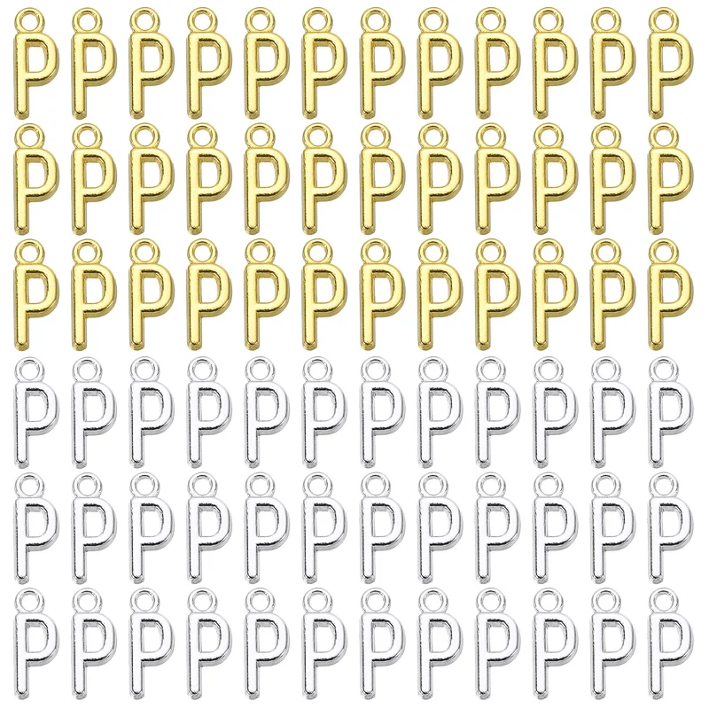 0.3" Letter Charm A-Z for Jewelry Making - P (100 Pack, Dark Silver/Gold)