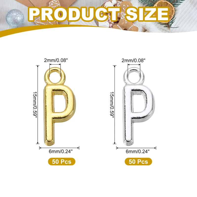 0.3" Letter Charm A-Z for Jewelry Making - P (100 Pack, Dark Silver/Gold)