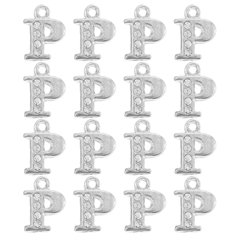 Rhinestone Letter Charm, 16pcs 1.5mm Metal P Letter Charm, Silver