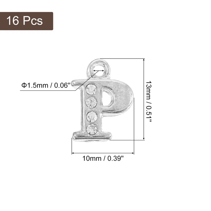 Rhinestone Letter Charm, 16pcs 1.5mm Metal P Letter Charm, Silver