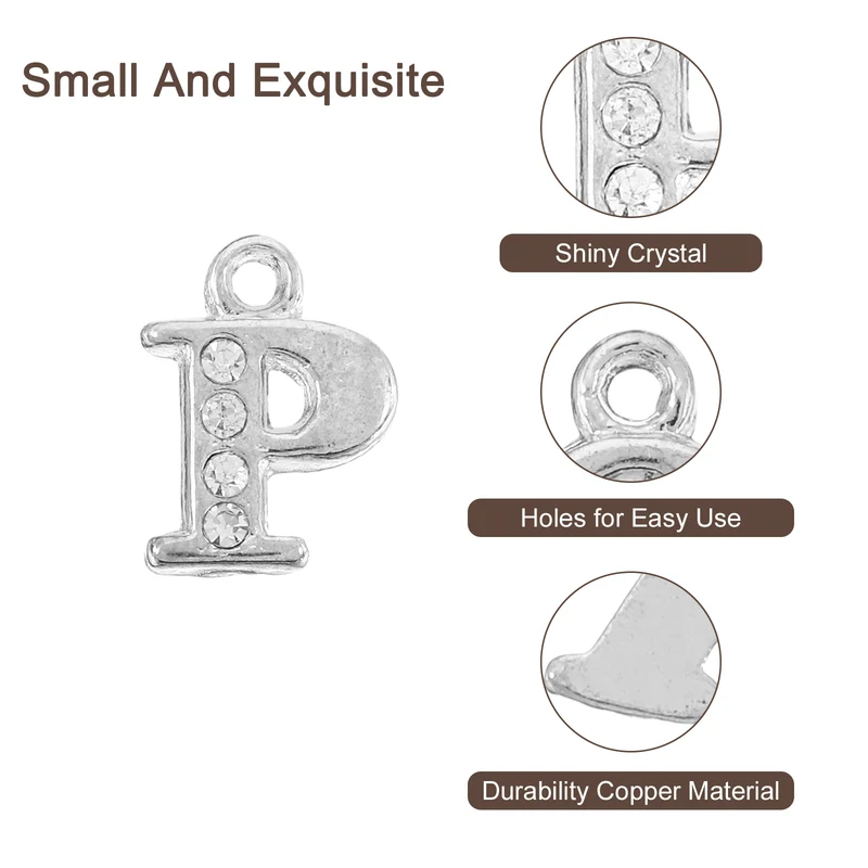 Rhinestone Letter Charm, 16pcs 1.5mm Metal P Letter Charm, Silver