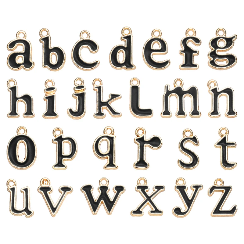 52Pcs A-Z Alphabet Letters Charm, Enamel Letter Charm, Black