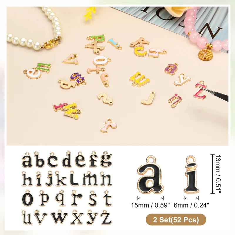 52Pcs A-Z Alphabet Letters Charm, Enamel Letter Charm, Black