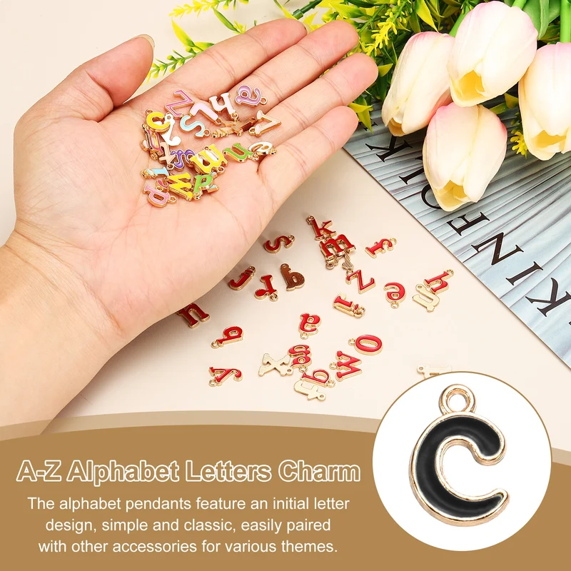 52Pcs A-Z Alphabet Letters Charm, Enamel Letter Charm, Black