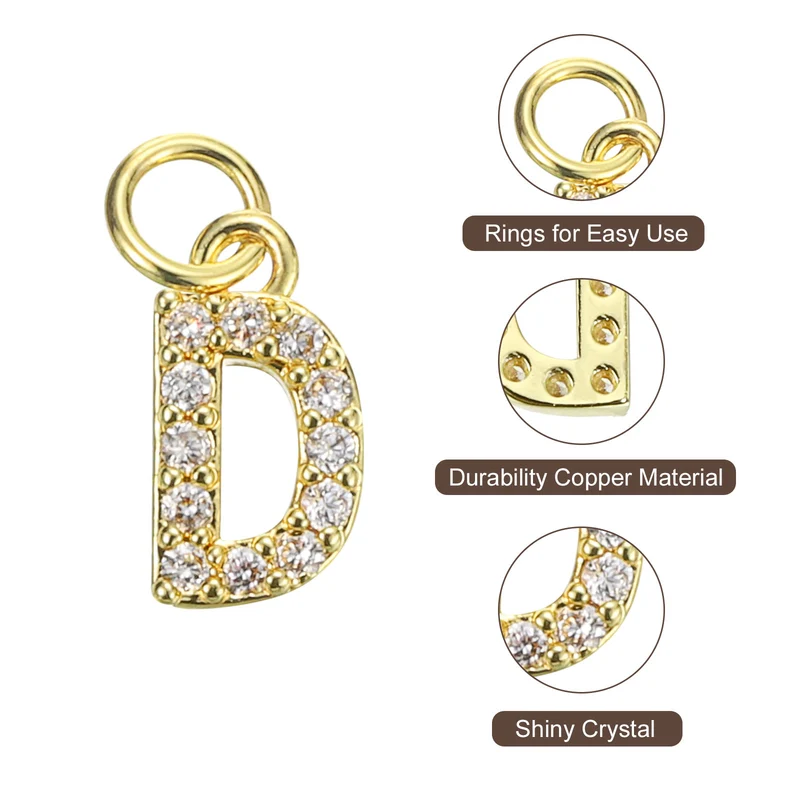 Rhinestone Letter Charm, 8pcs 3.2mm Copper D Letter Charm, Golden