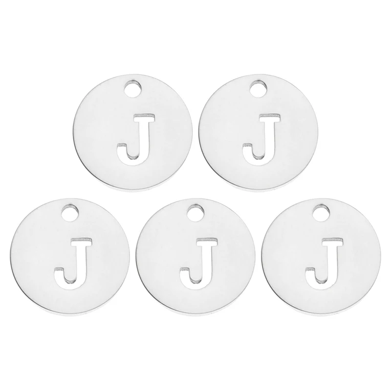 Alphabet Letter Charm Letter J 12mm(1/2") Round Capital Alphabet Charm Stainless Steel Silver Tone for Pendant, DIY Jewelry Making, Pack of 5