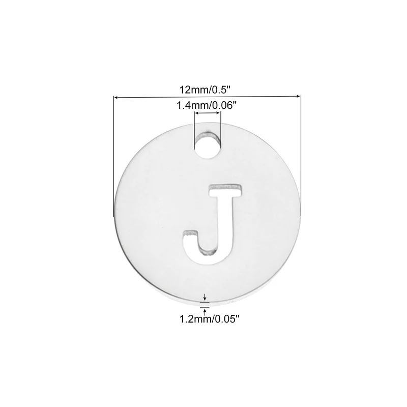 Alphabet Letter Charm Letter J 12mm(1/2") Round Capital Alphabet Charm Stainless Steel Silver Tone for Pendant, DIY Jewelry Making, Pack of 5